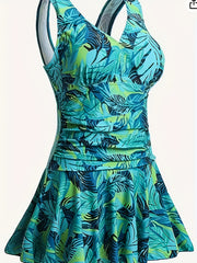 Boho Swimwear Dress Women's Plus Tropical Print V Neck One Piece Swims