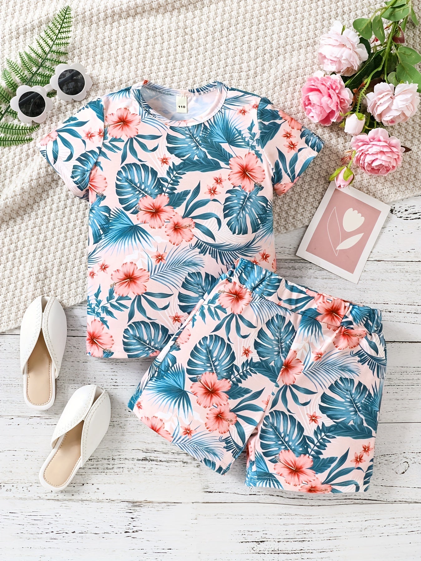 Girls Tropical Flowers Tee & Shorts Set, Summer Beach Outfit