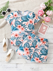 Girls Tropical Flowers Tee & Shorts Set, Summer Beach Outfit