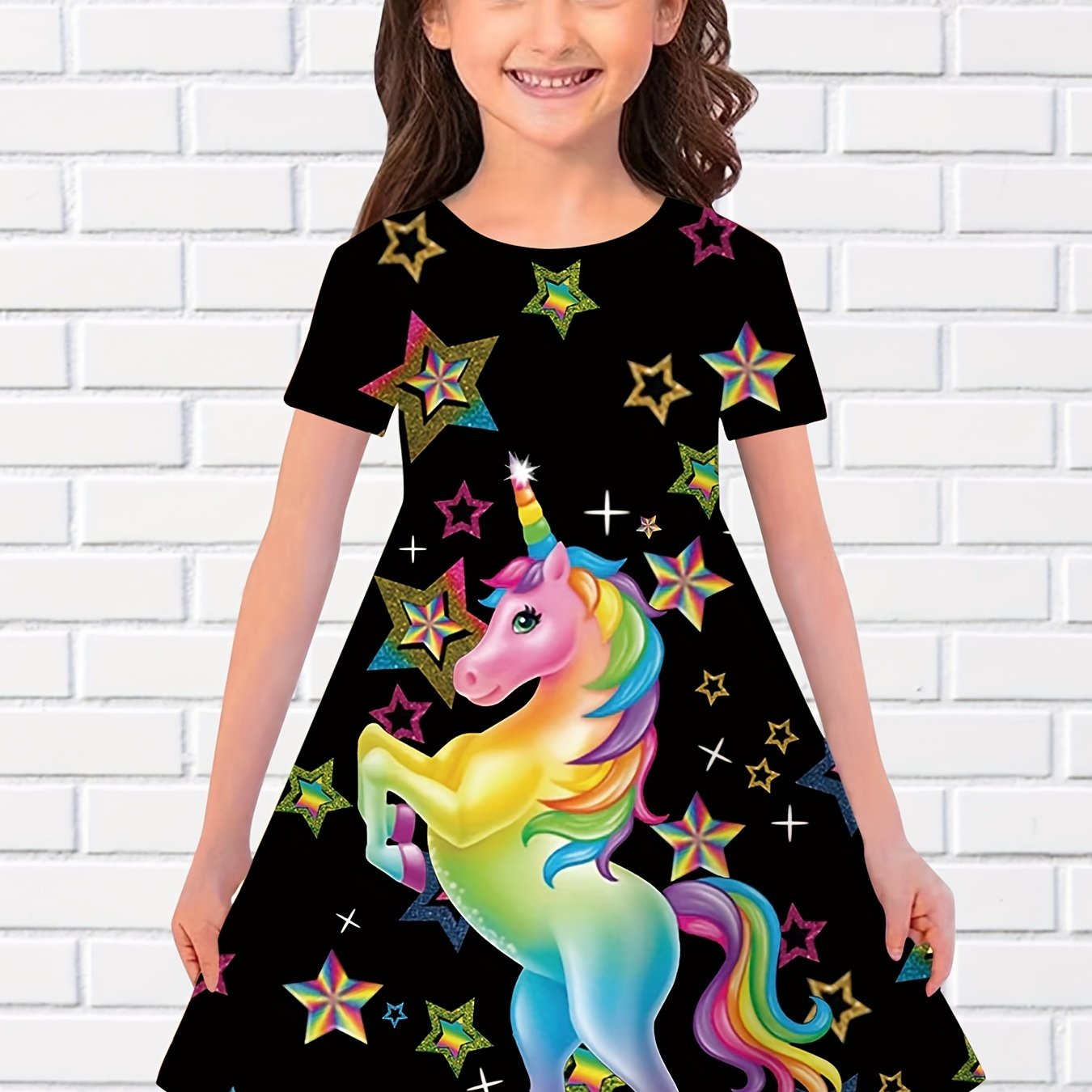 Girls Summer Unicorn Long Dress Short Sleeve Princess Dress