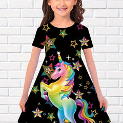 Girls Summer Unicorn Long Dress Short Sleeve Princess Dress