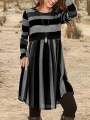 Colorblock Stripe Print Long Sleeve Round Neck Dress
