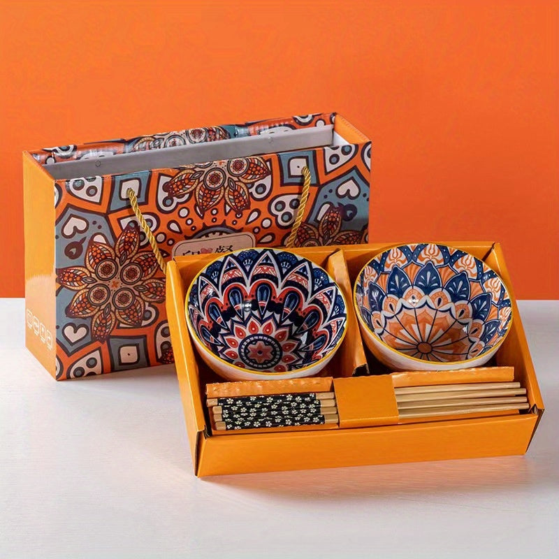 Bohemian Ceramic Rice Bowls Set of 4 Assorted Dinnerware Geometric Pattern
