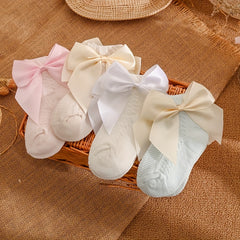 Girls' Retro Mesh Court Style Crew Socks, Big Bow Design