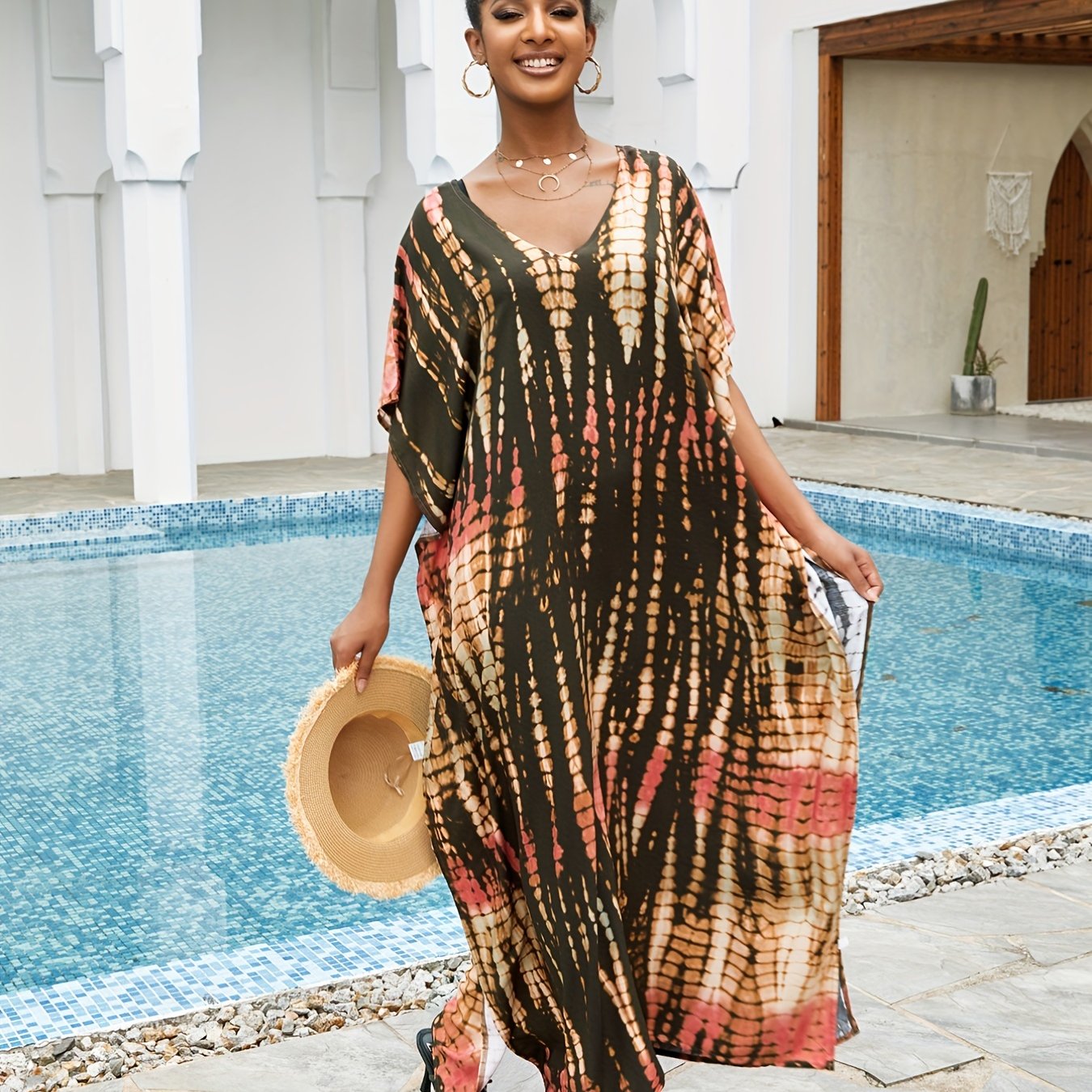 Tie Dye Striped Bat Sleeve V Neck Beach Cover Up