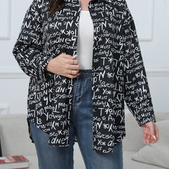 Casual Blouse Women's Plus Graffiti Print Long Sleeve Button Up Shirt