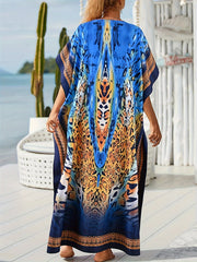 Boho Kaftan Dress Leopard Print V Neck Maxi Beachwear Dress