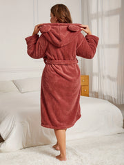 Fleece Long Sleeve Hooded Bathrobe with Belt