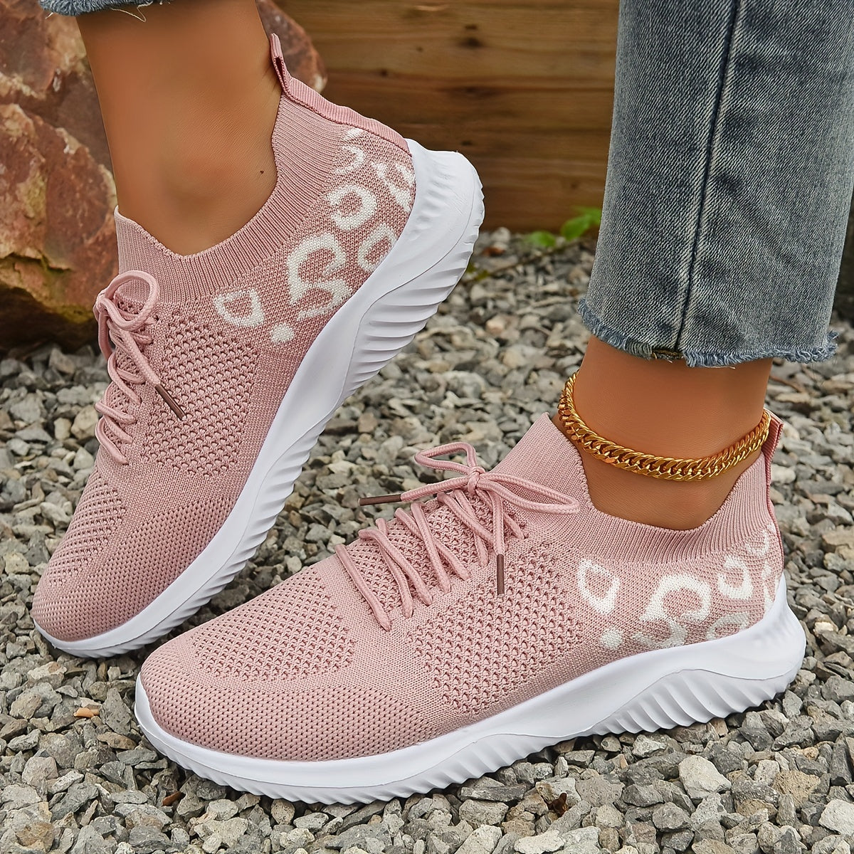 Women's Breathable Knit Sports Shoes Lace Up Low Top Running Shoes