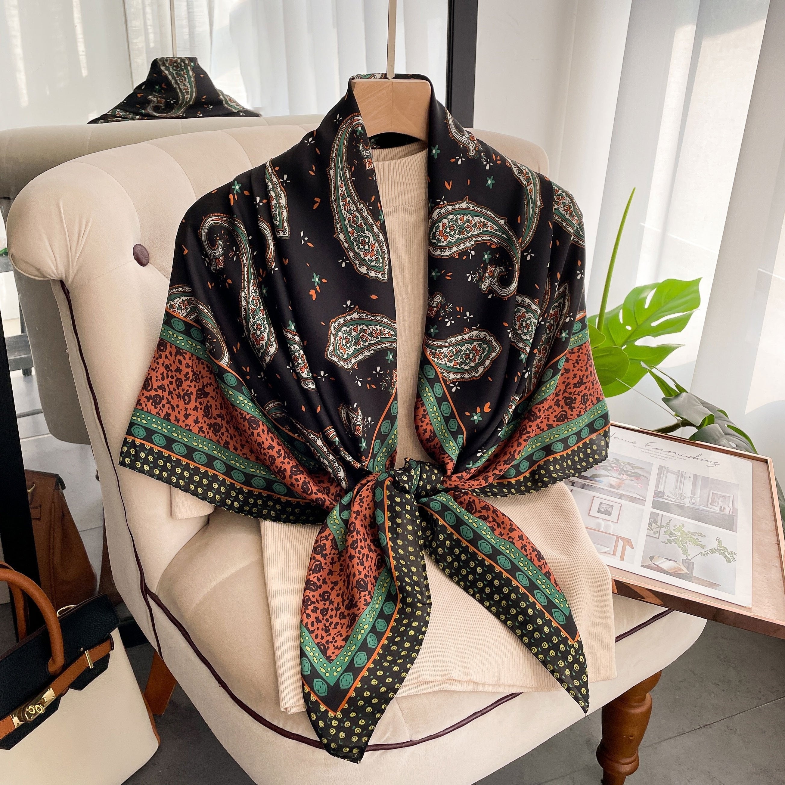Vintage Paisley Print Silk Square Scarf Shawl for Women