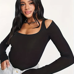 Solid Cut Out Long Sleeve Scoop Trim Bodysuit