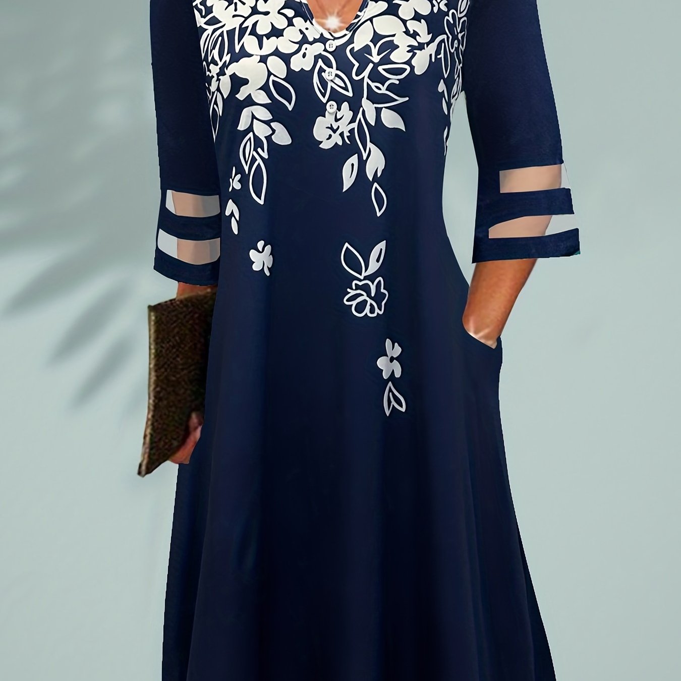 Boho Dress Women's Plus Floral Print Mesh Sleeve Knee Length Dress