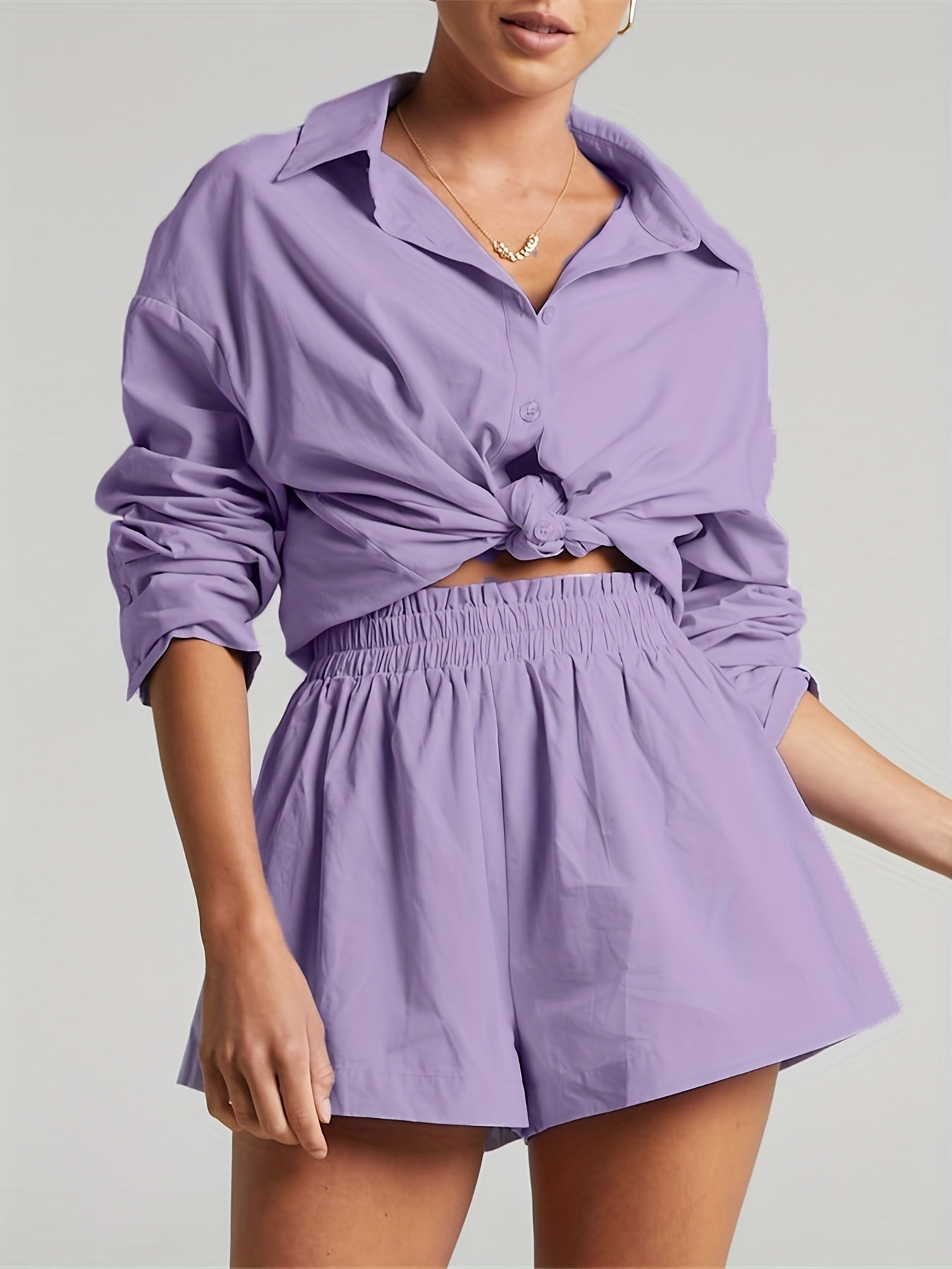 2-Piece Set: Long Sleeve Shirt & Elastic Waist Shorts