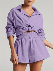 2-Piece Set: Long Sleeve Shirt & Elastic Waist Shorts