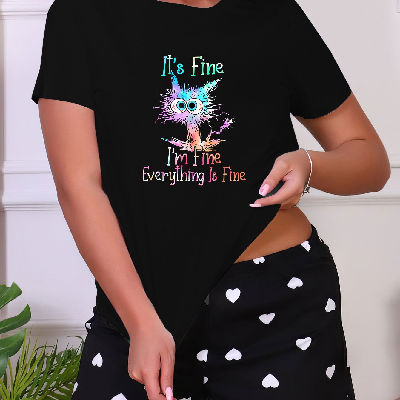Letter & Cat Print Sleep Top Short Sleeve Crew Neck