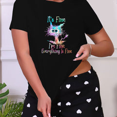 Letter & Cat Print Sleep Top Short Sleeve Crew Neck