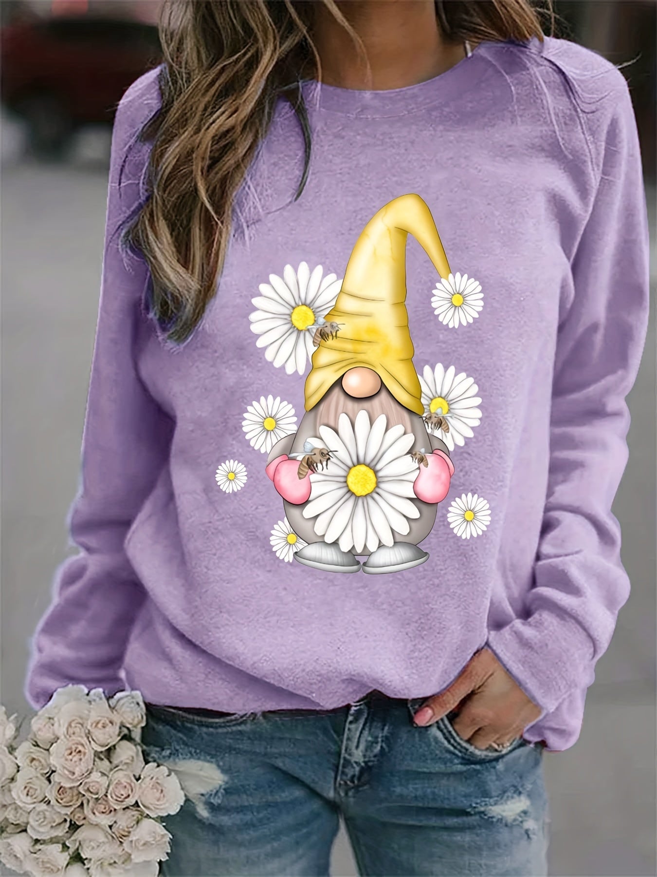 Christmas Daisy Print Crew Neck Sweatshirt