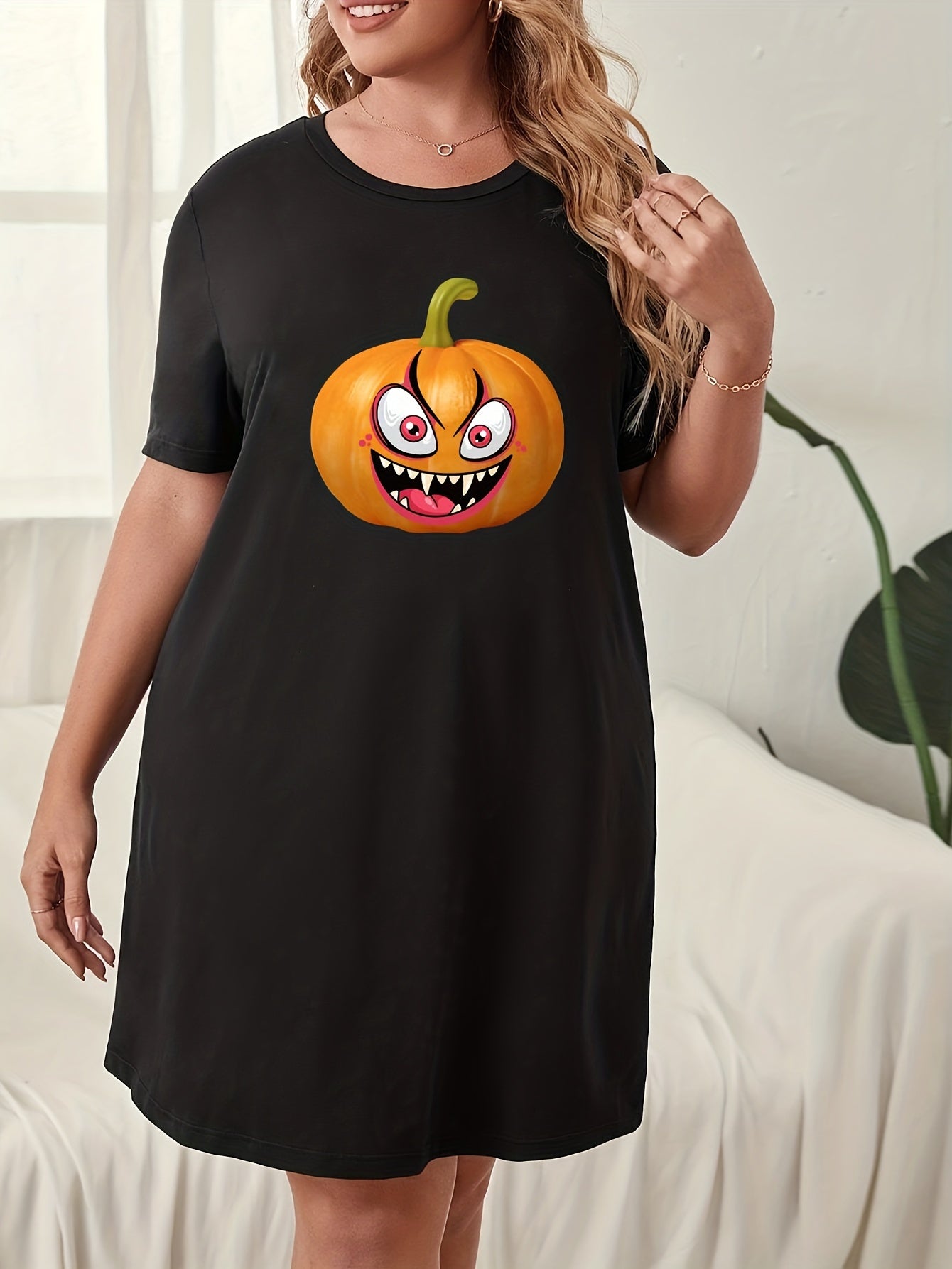 Pumpkin Print Short Sleeve Sleep Dress