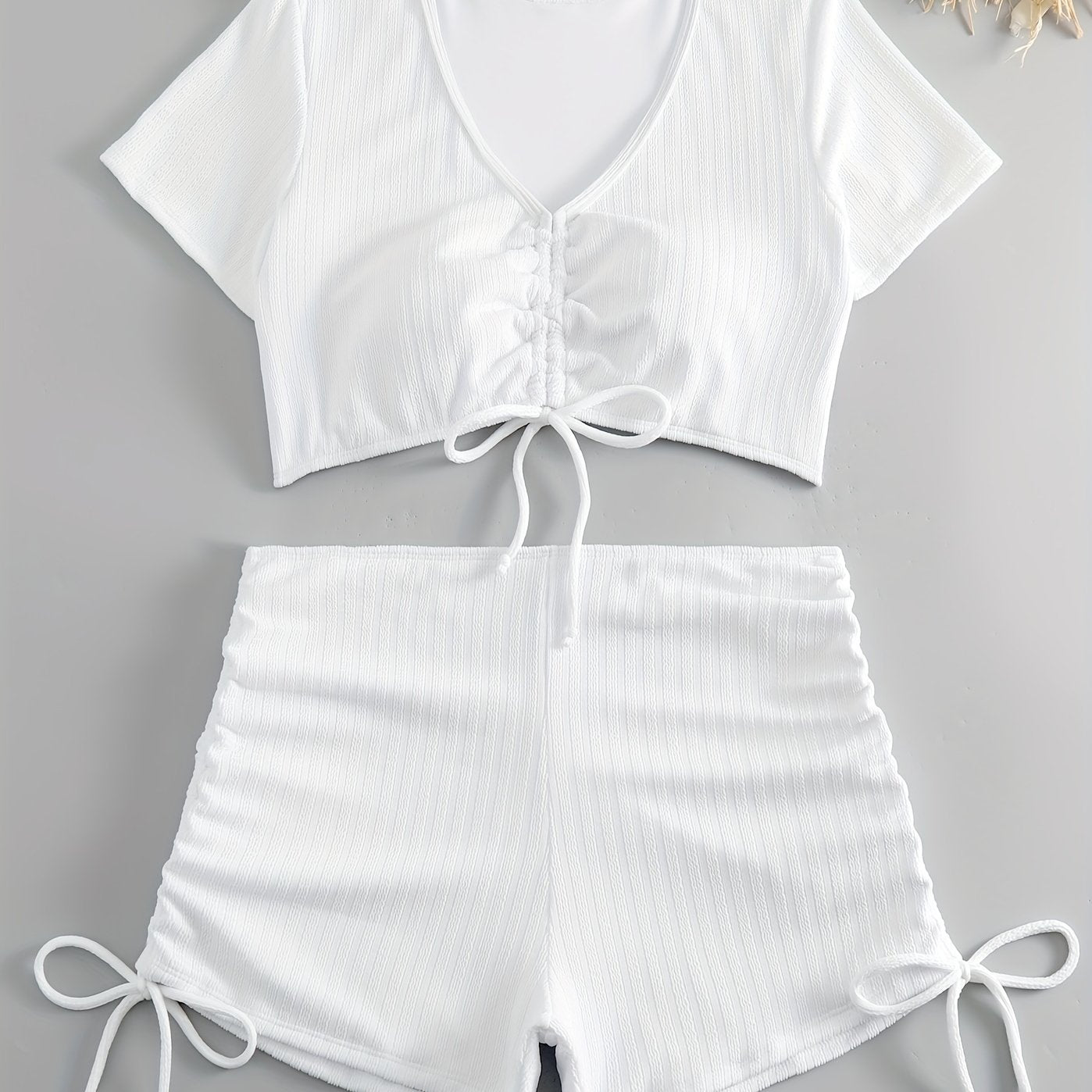Casual Swimsuit Set Solid Ruched V Neck Crop Top