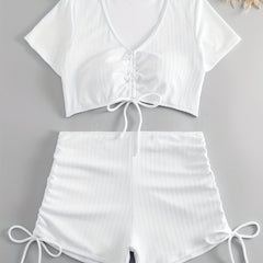 Casual Swimsuit Set Solid Ruched V Neck Crop Top