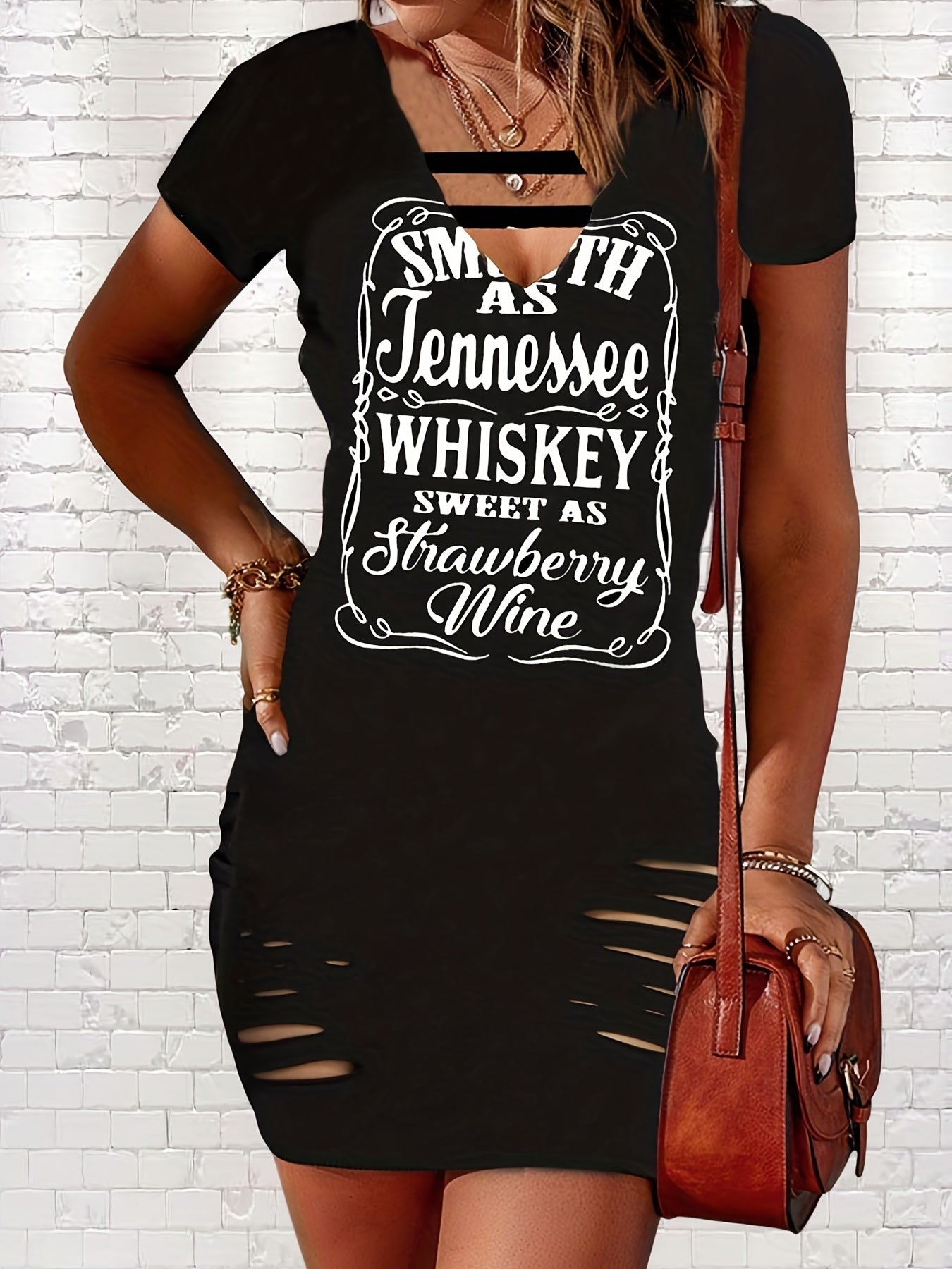 Ripped Letter Print Dress Sexy Cut Out V Neck Short Sleeve Dress