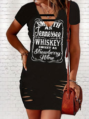 Ripped Letter Print Dress Sexy Cut Out V Neck Short Sleeve Dress