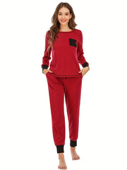 Colorblock Lounge Set Long Sleeve Crew Neck Top & Pants Women's Loungewear