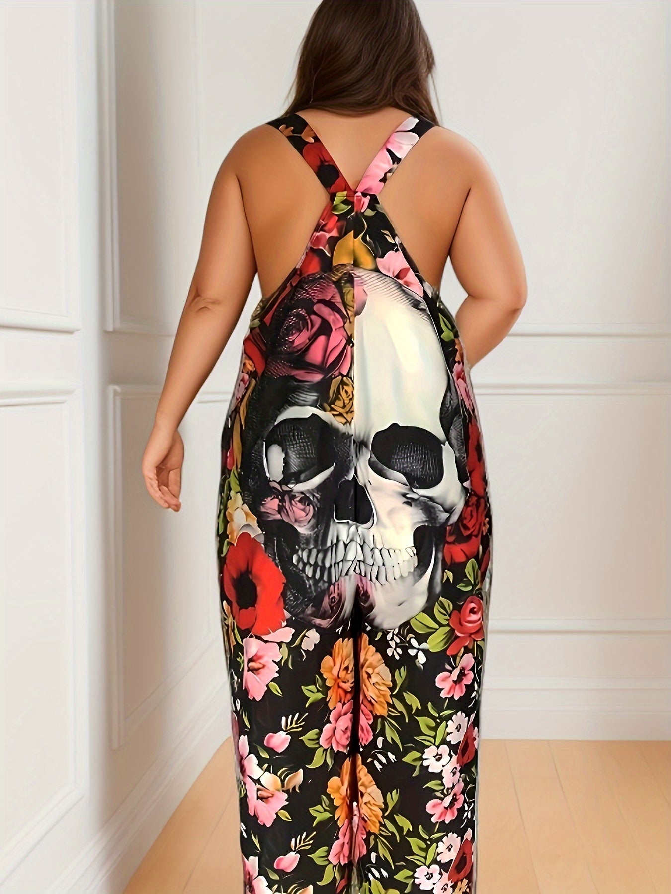 Gothic Skull & Floral Print Wide Leg Cami Jumpsuit