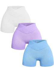 3pcs Cross Waist Ribbed Yoga Shorts Seamless Workout High Waist