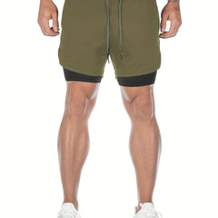 Men's 2 In 1 Quick Dry Running Shorts Above Knees Double Layer With Pockets