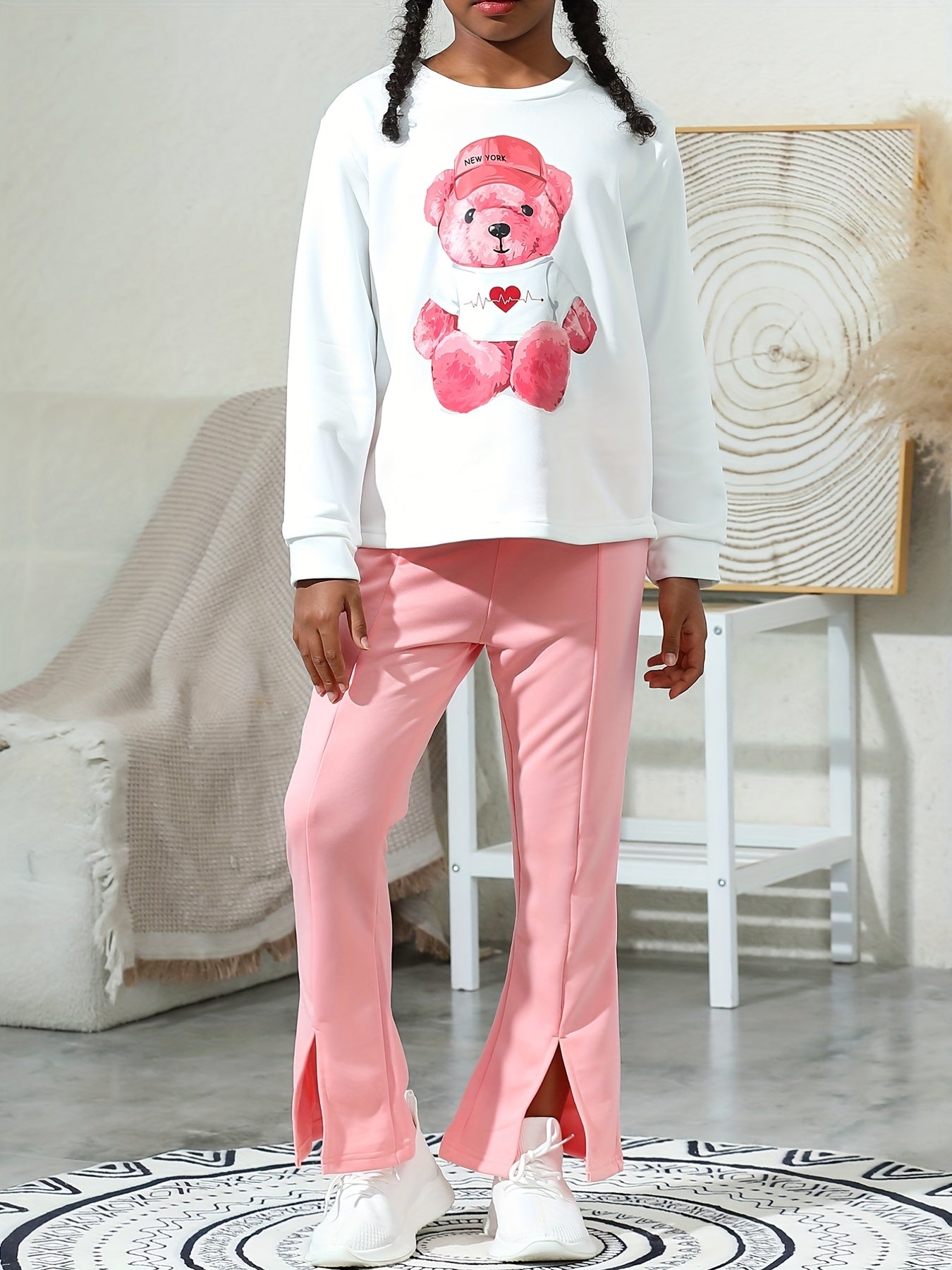 Girl's Cartoon Bear Outfit 2pcs Sweatshirt & Flared Pants Set