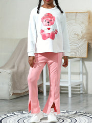 Girl's Cartoon Bear Outfit 2pcs Sweatshirt & Flared Pants Set