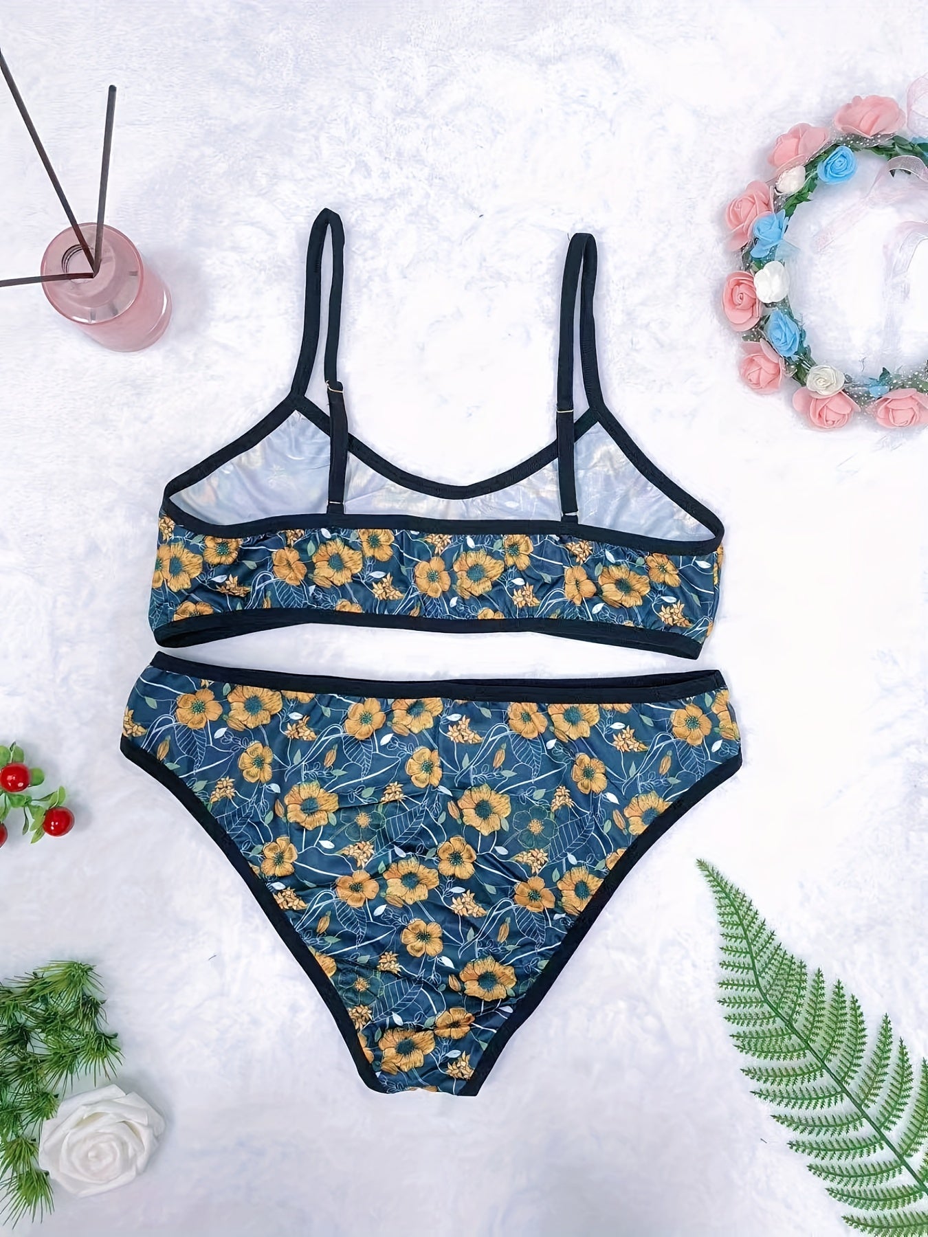 Floral Print Unlined Bra & Brief 2pcs Set
