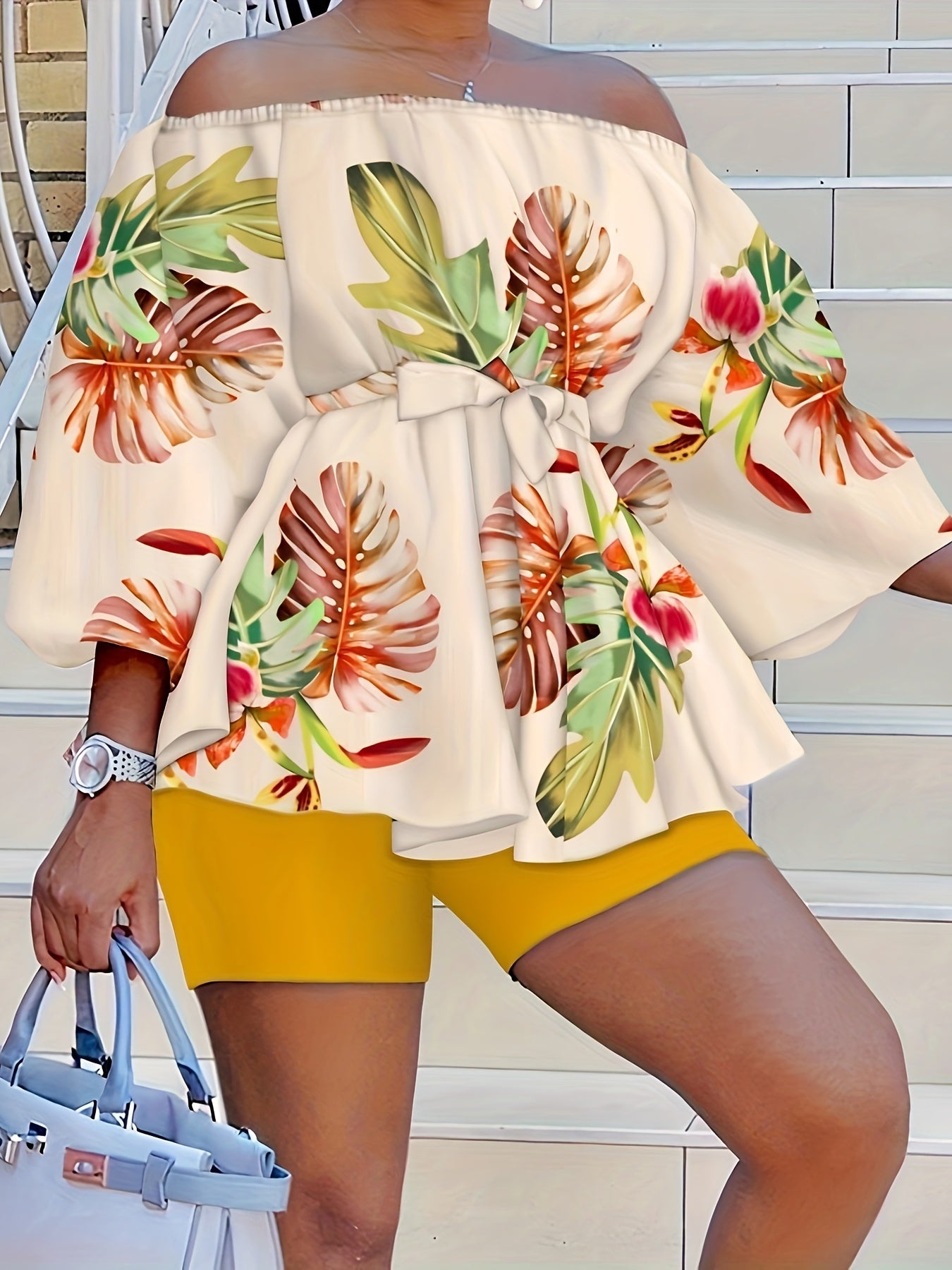 Tropical Print Off Shoulder Top & Shorts Set