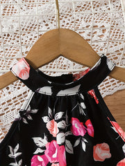 Girls' Rose Floral Print Halter Romper With Belt