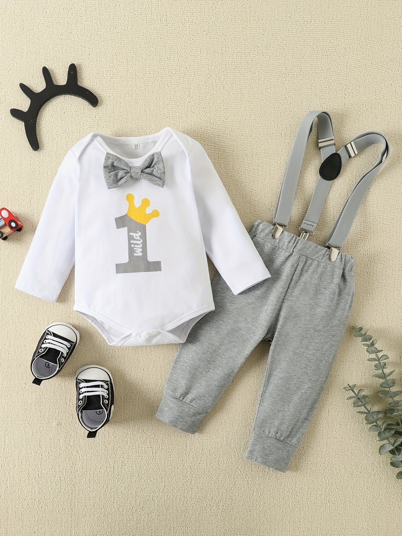 Letter Print Long Sleeve Romper & Overall Pants Set