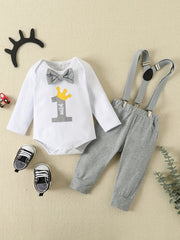 Letter Print Long Sleeve Romper & Overall Pants Set