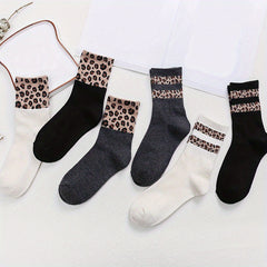 6 Pairs Leopard Print Mid Tube Socks Breathable Women's Stockings