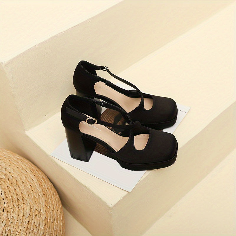 Solid Block Heeled Pumps Square Toe Dress Pumps Cross Buckle Strap Heels