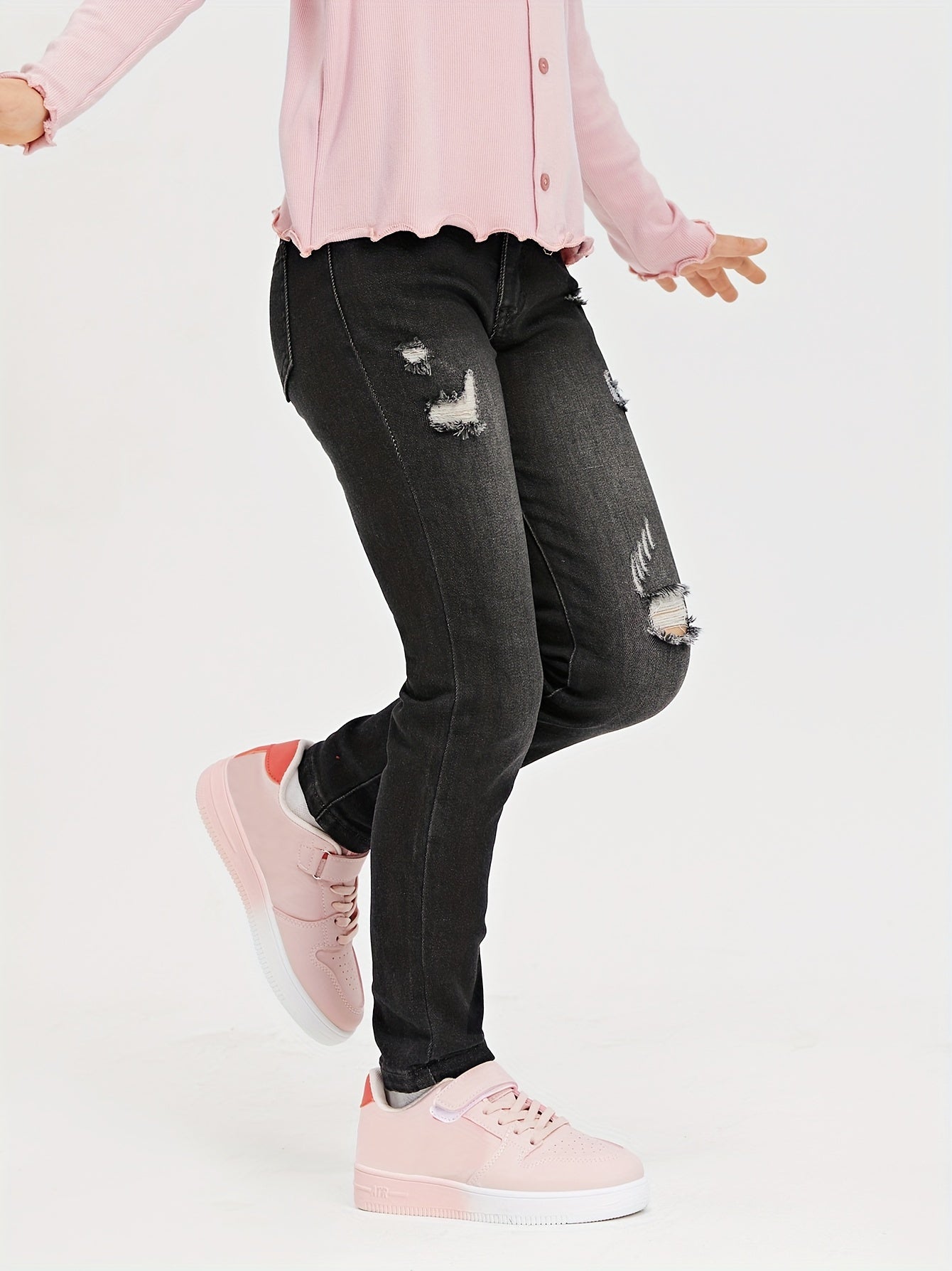 Girls Ripped Skinny Denim Trousers Zipper Fly Casual Jeans