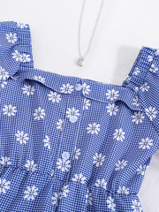 Girls Short Bubble Sleeve Romper Flowers Print Jumpsuit
