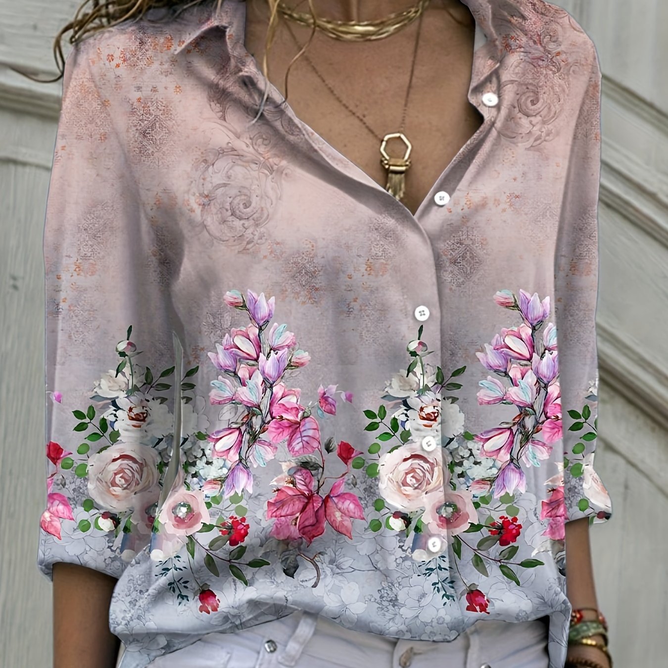 Women's Plus Floral Print Button Up Long Sleeve Blouse