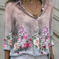 Women's Plus Floral Print Button Up Long Sleeve Blouse