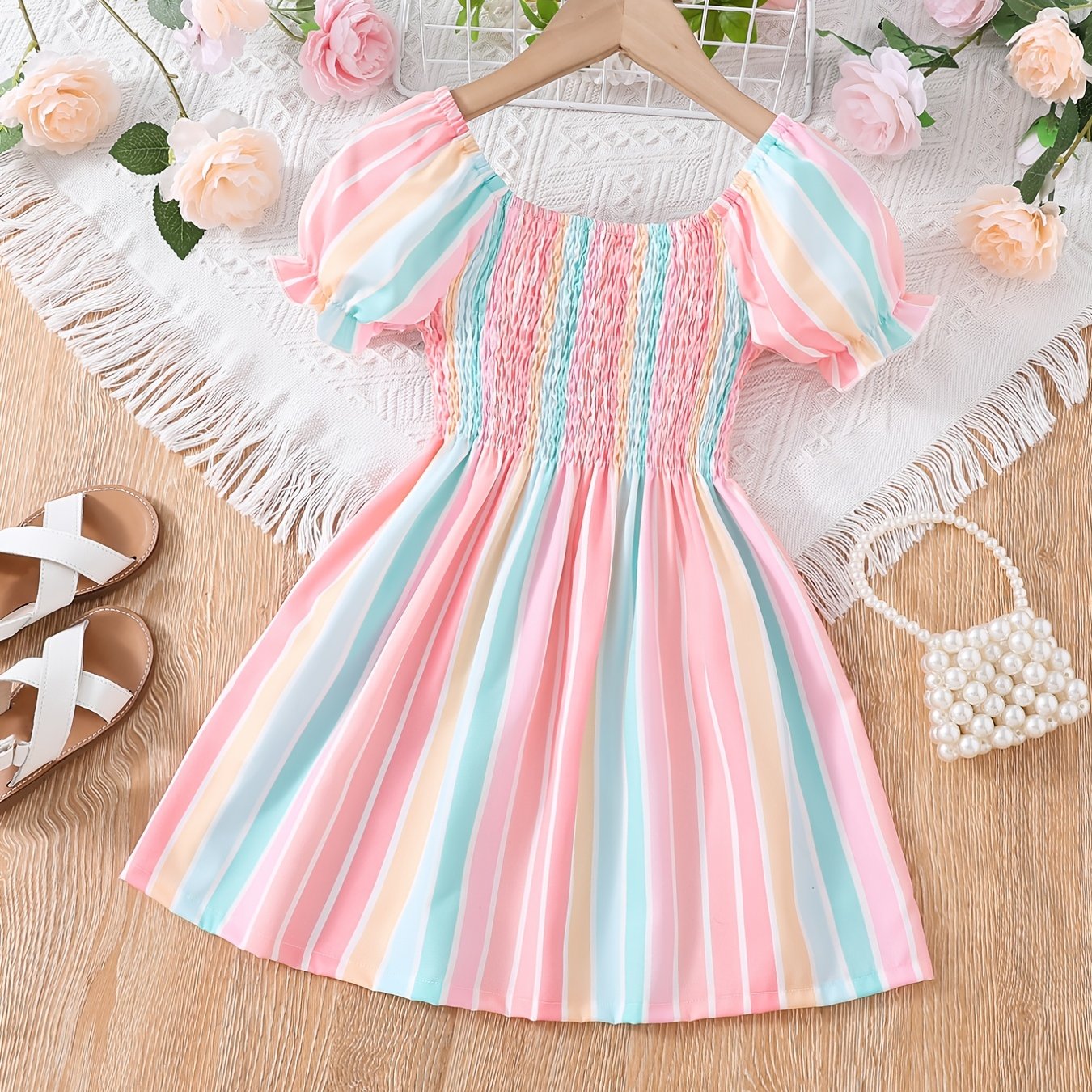 Girls Short Bubble Sleeve Block Shirred Dress Kids Summer Clothes