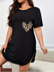 Leopard Heart Print Nightdress with Lace Trim
