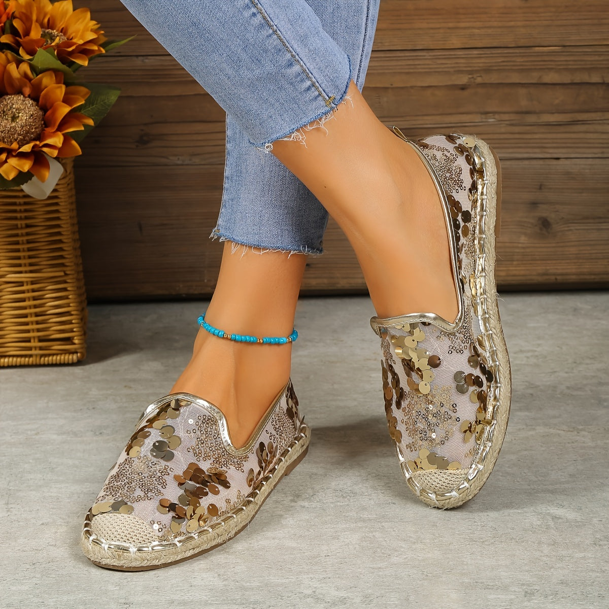 Sequins Mesh Panel Slip-On Espadrilles for Women