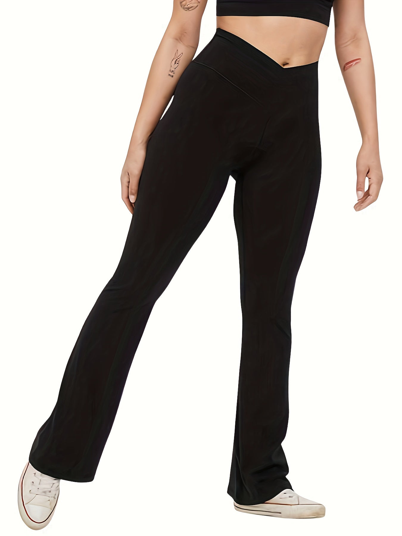 Solid V Waist Flared Leggings High Rise Slight Stretch