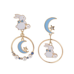 Rabbit Star Moon Earrings Bunny Faux Pearl Crystal Drop Earring