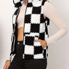 Plaid Zip Up Vest Jacket Casual Pockets Thermal Teddy Vest