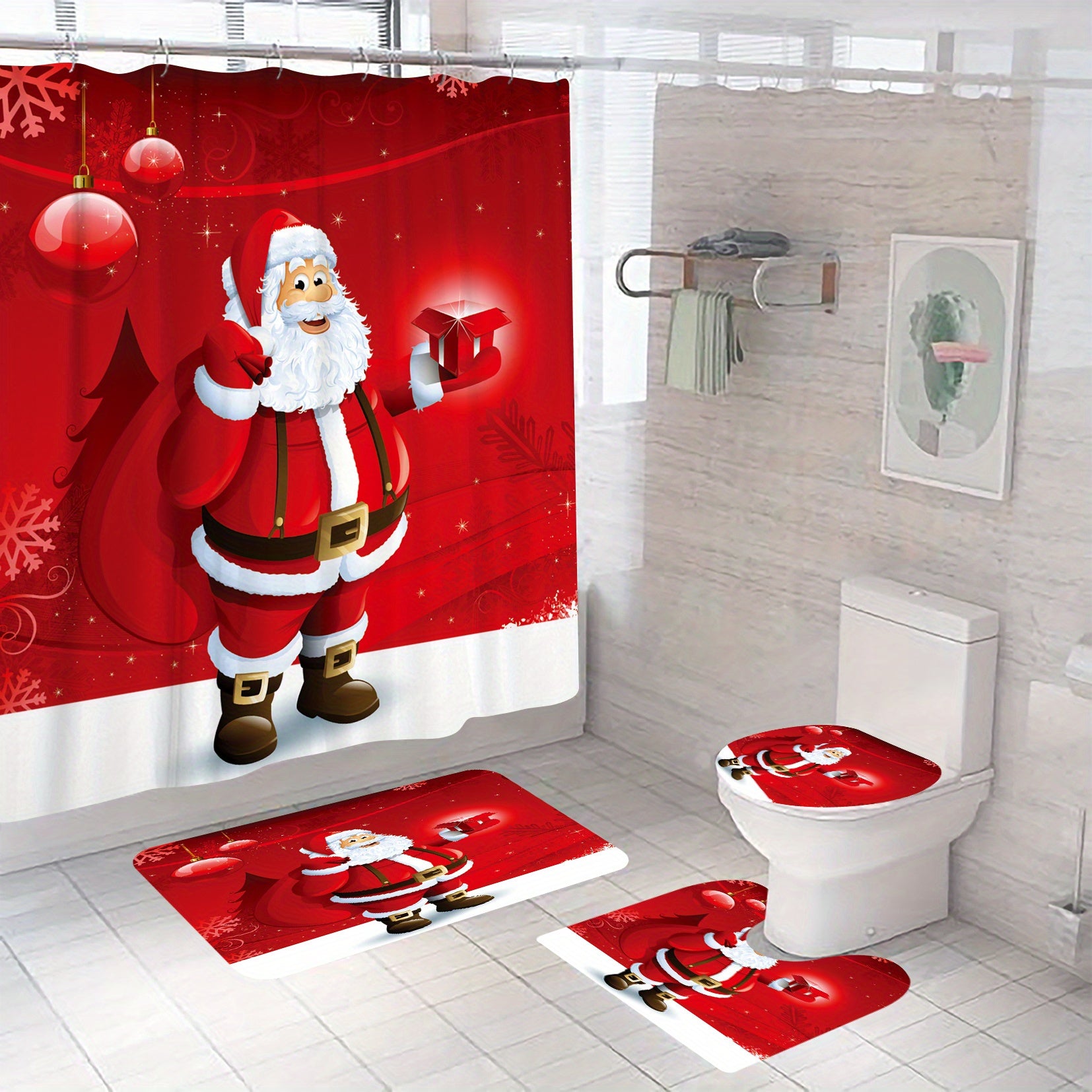 Santa Claus Christmas Bathroom Set with Shower Curtain and Rug